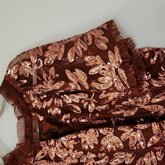 Anthropologie Womens Burnt Orange Floral Sequin Cut Out Blouse Top Size XL - Picture 8 of 16